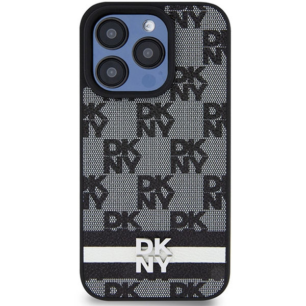 DKNY - Leather Checkered Mono Pattern & Printed Stripes (DKHCP15XPCPTSSK) - iPhone 15 Pro Max - Black