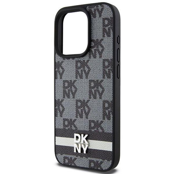 DKNY - Leather Checkered Mono Pattern & Printed Stripes (DKHCP15XPCPTSSK) - iPhone 15 Pro Max - Black