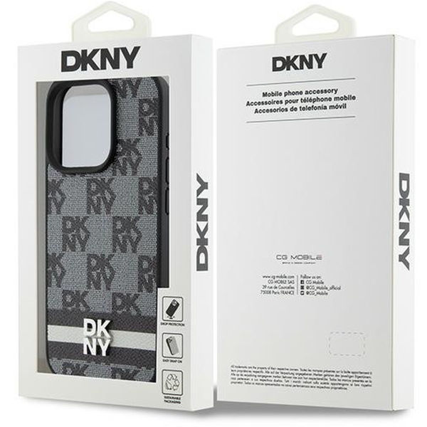 DKNY - Leather Checkered Mono Pattern & Printed Stripes (DKHCP15XPCPTSSK) - iPhone 15 Pro Max - Black