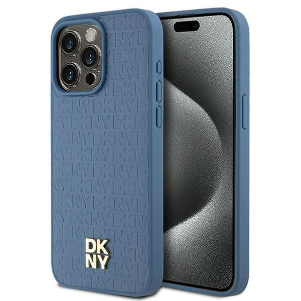 DKNY - Leather Monogram Pattern Metal Logo MagSafe (DKHMP15XPSHRPSB) - iPhone 15 Pro Max - Blue