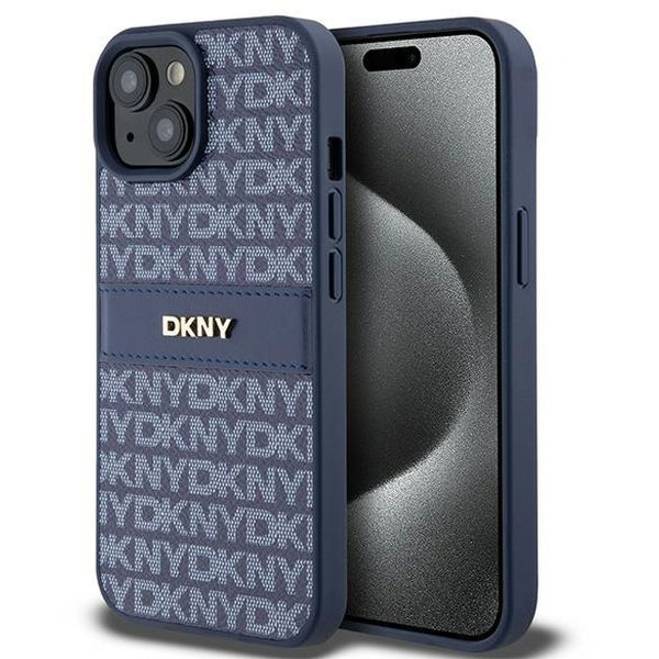 DKNY - Leather Mono Stripe & Metal Logo (DKHCP15SPRTHSLB) - iPhone 15 - Blue
