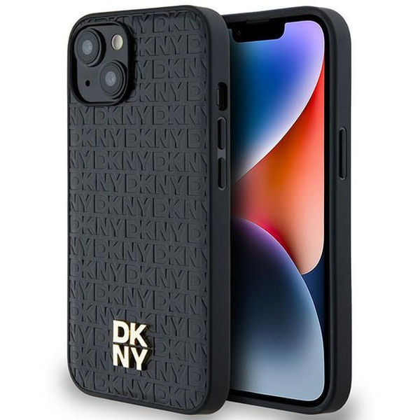 DKNY - Leather Monogram Pattern Metal Logo MagSafe (DKHMP14SPSHRPSK) - iPhone 14 - Black