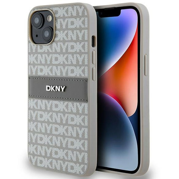 DKNY - Leather Mono Stripe & Metal Logo (DKHCP14SPRTHSLE) - iPhone 14 - Beige