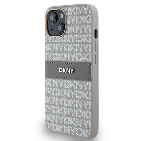 DKNY - Leather Mono Stripe & Metal Logo (DKHCP14SPRTHSLE) - iPhone 14 - Beige