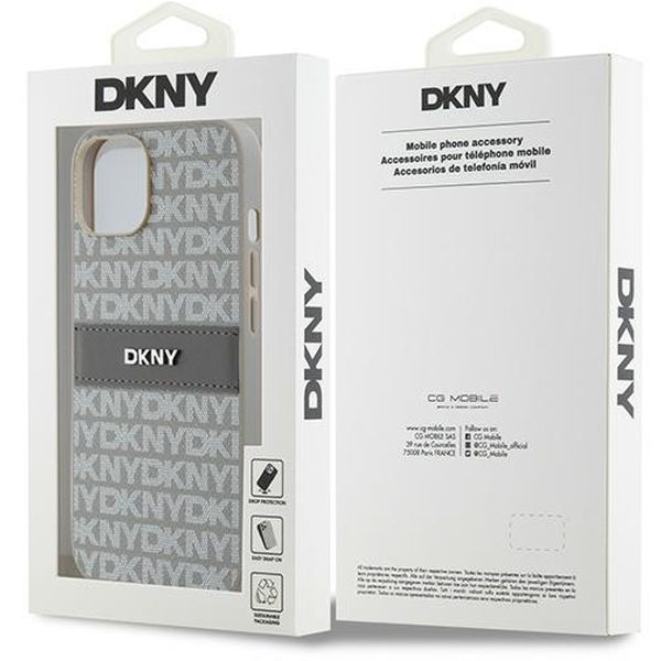 DKNY - Leather Mono Stripe & Metal Logo (DKHCP14SPRTHSLE) - iPhone 14 - Beige