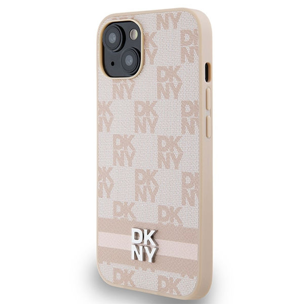 DKNY - Leather Checkered Mono Pattern & Printed Stripes (DKHCP15MPCPTSSP) - iPhone 15 Plus - Pink