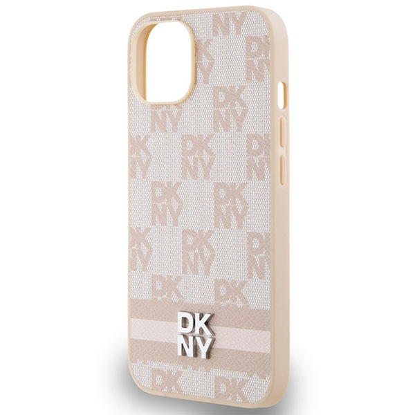 DKNY - Leather Checkered Mono Pattern & Printed Stripes (DKHCP15MPCPTSSP) - iPhone 15 Plus - Pink