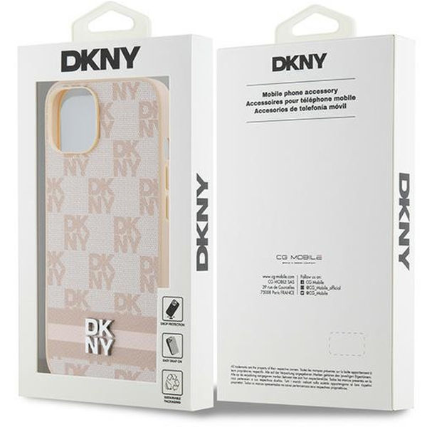 DKNY - Leather Checkered Mono Pattern & Printed Stripes (DKHCP15MPCPTSSP) - iPhone 15 Plus - Pink