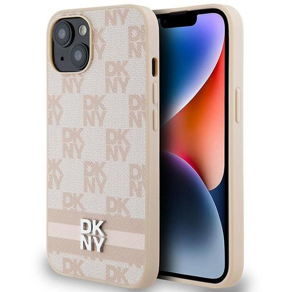 DKNY - Leather Checkered Mono Pattern & Printed Stripes (DKHCP14SPCPTSSP) - iPhone 15 - Pink