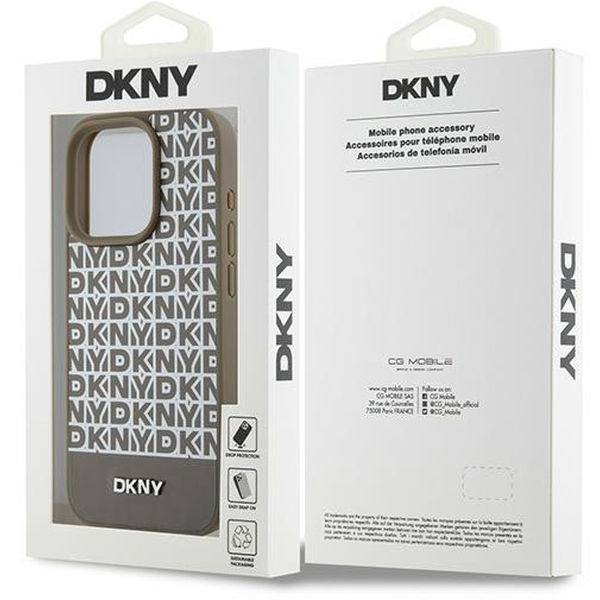 DKNY - Leather Printed Pattern Metal Logo MagSafe (DKHMP15XPSOSPW) - iPhone 15 Pro Max - Brown