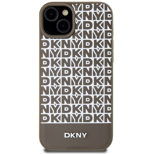 DKNY - Leather Printed Pattern Metal Logo MagSafe (DKHMP15SPSOSPW) - iPhone 15 - Brown