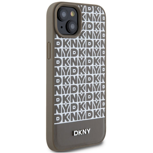 DKNY - Leather Printed Pattern Metal Logo MagSafe (DKHMP15SPSOSPW) - iPhone 15 - Brown