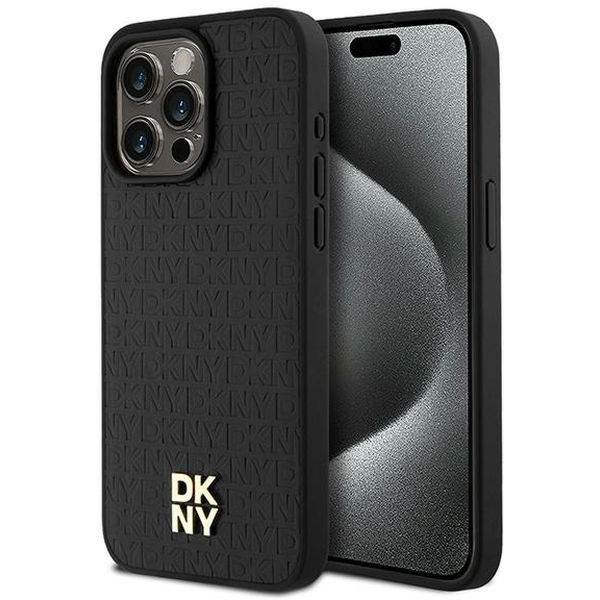 DKNY - Leather Monogram Pattern Metal Logo MagSafe (DKHMP15XPSHRPSK) - iPhone 15 Pro Max - Black