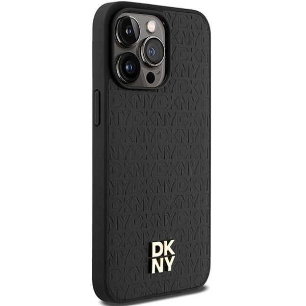 DKNY - Leather Monogram Pattern Metal Logo MagSafe (DKHMP15XPSHRPSK) - iPhone 15 Pro Max - Black