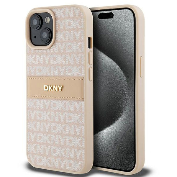 DKNY - Leather Mono Stripe & Metal Logo (DKHCP15SPRTHSLP) - iPhone 15 - Pink