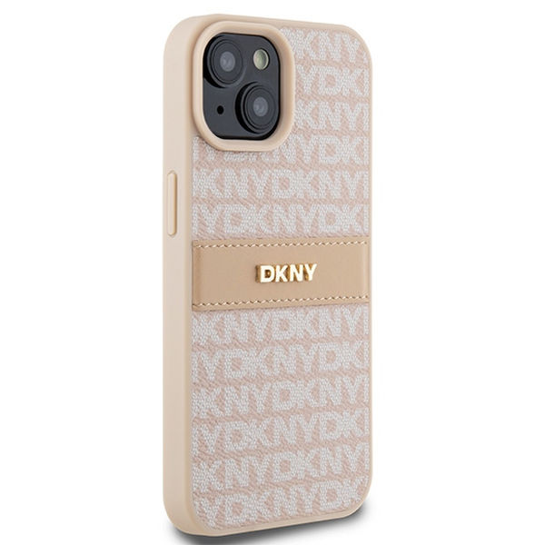 DKNY - Leather Mono Stripe & Metal Logo (DKHCP15SPRTHSLP) - iPhone 15 - Pink