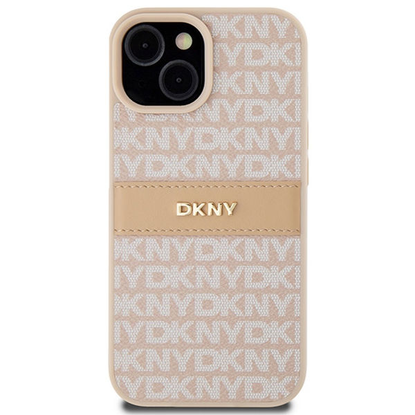 DKNY - Leather Mono Stripe & Metal Logo (DKHCP15SPRTHSLP) - iPhone 15 - Pink