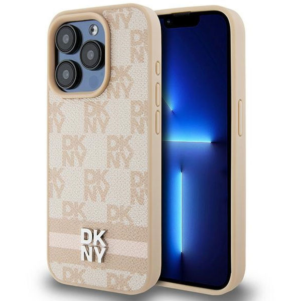 DKNY - Leather Checkered Mono Pattern & Printed Stripes (DKHCP15LPCPTSSP) - iPhone 15 Pro - Pink