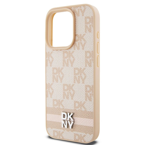 DKNY - Leather Checkered Mono Pattern & Printed Stripes (DKHCP15LPCPTSSP) - iPhone 15 Pro - Pink