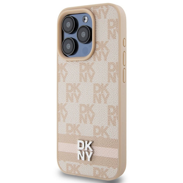 DKNY - Leather Checkered Mono Pattern & Printed Stripes (DKHCP15LPCPTSSP) - iPhone 15 Pro - Pink