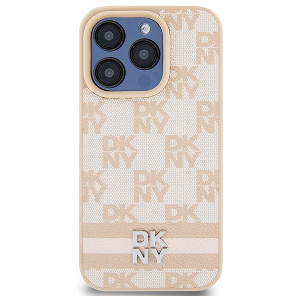 DKNY - Leather Checkered Mono Pattern & Printed Stripes (DKHCP15LPCPTSSP) - iPhone 15 Pro - Pink