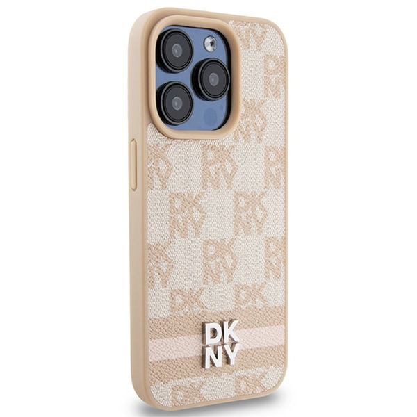 DKNY - Leather Checkered Mono Pattern & Printed Stripes (DKHCP15LPCPTSSP) - iPhone 15 Pro - Pink