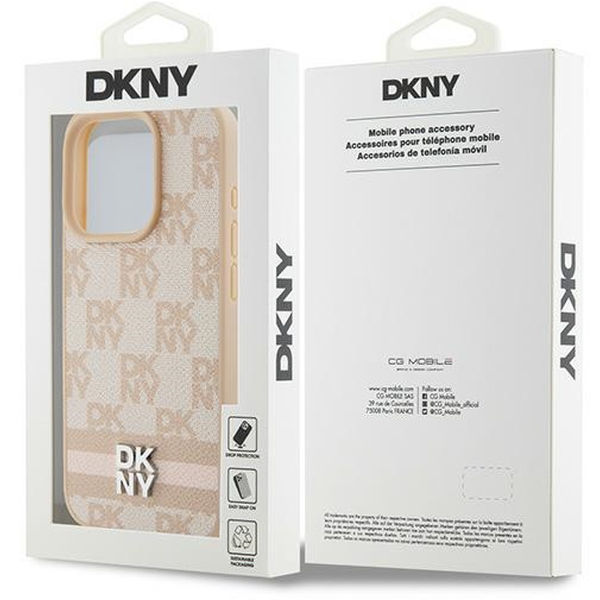 DKNY - Leather Checkered Mono Pattern & Printed Stripes (DKHCP15LPCPTSSP) - iPhone 15 Pro - Pink