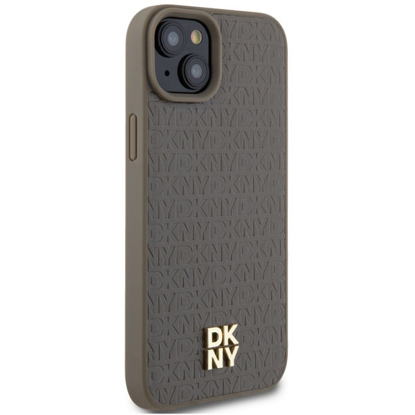 DKNY - Leather Pattern Metal Logo MagSafe (DKHMP15SPSHRPSW) - iPhone 15 - Brown