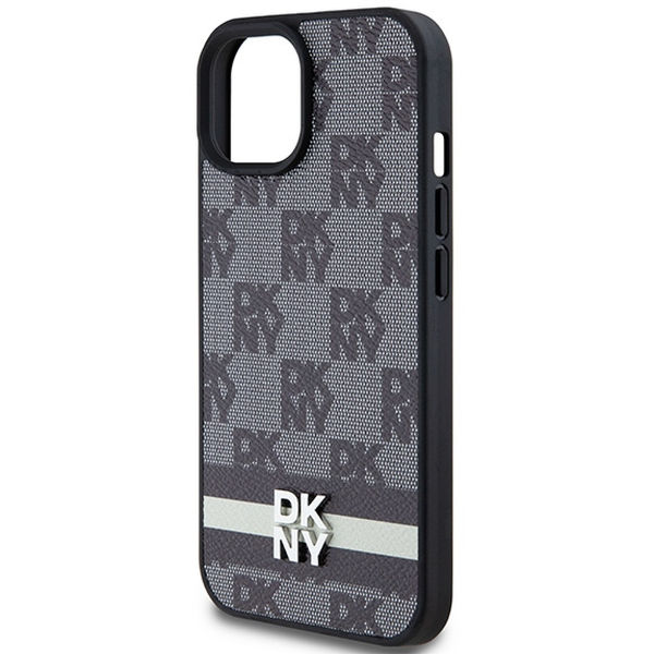 DKNY - Leather Checkered Mono Pattern & Printed Stripes (DKHCP15SPCPTSSK) - iPhone 15 - Black