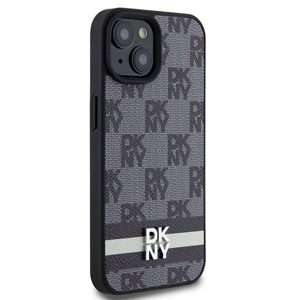DKNY - Leather Checkered Mono Pattern & Printed Stripes (DKHCP15SPCPTSSK) - iPhone 15 - Black