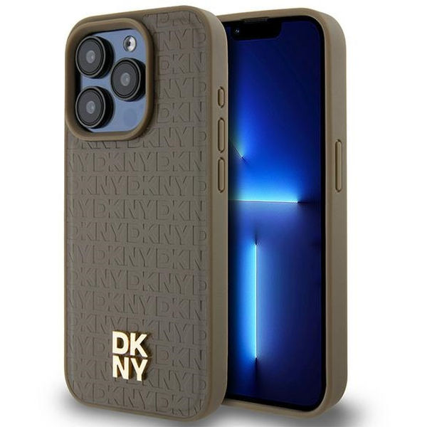 DKNY - Leather Pattern Metal Logo MagSafe (DKHMP15XPSHRPSW) - iPhone 15 Pro Max - Brown