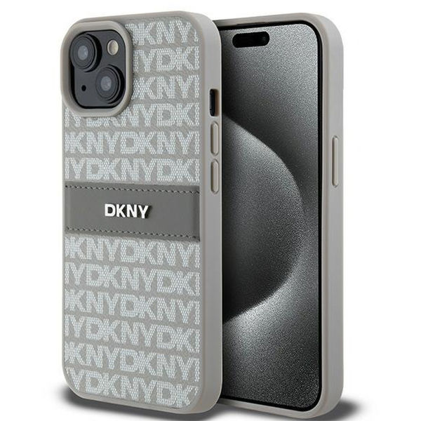 DKNY - Leather Mono Stripe & Metal Logo (DKHCP15SPRTHSLE) - iPhone 15 - Beige