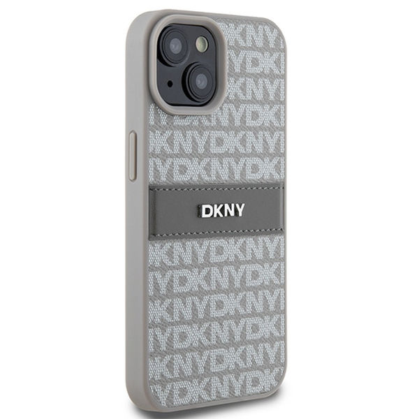 DKNY - Leather Mono Stripe & Metal Logo (DKHCP15SPRTHSLE) - iPhone 15 - Beige