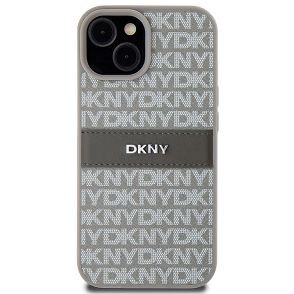 DKNY - Leather Mono Stripe & Metal Logo (DKHCP15SPRTHSLE) - iPhone 15 - Beige