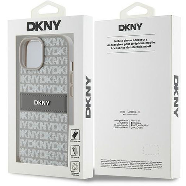DKNY - Leather Mono Stripe & Metal Logo (DKHCP15SPRTHSLE) - iPhone 15 - Beige