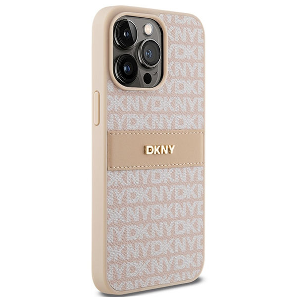 DKNY - Leather Mono Stripe & Metal Logo (DKHCP15XPRTHSLP) - iPhone 15 Pro Max - Pink
