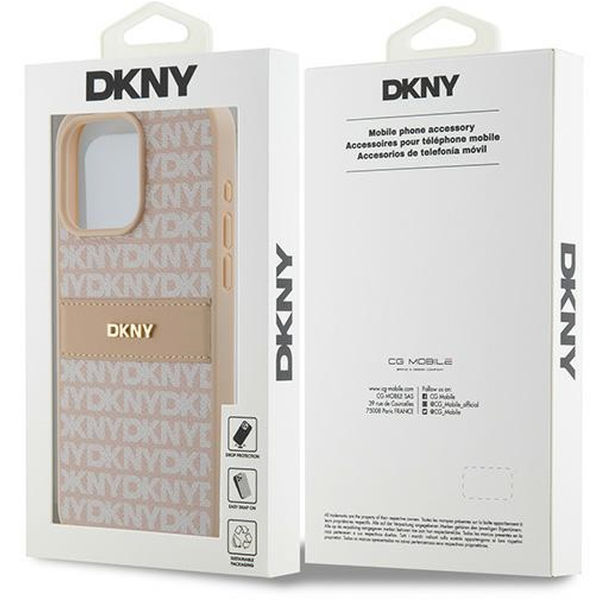 DKNY - Leather Mono Stripe & Metal Logo (DKHCP15XPRTHSLP) - iPhone 15 Pro Max - Pink