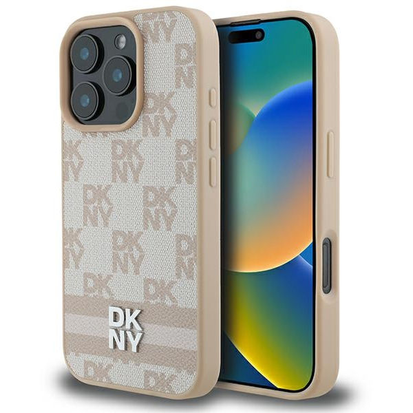 DKNY - Leather Hardcase Checkered Pattern & Printed Stripes (DKHCP16LPCPTSSP) - iPhone 16 Pro - Pink