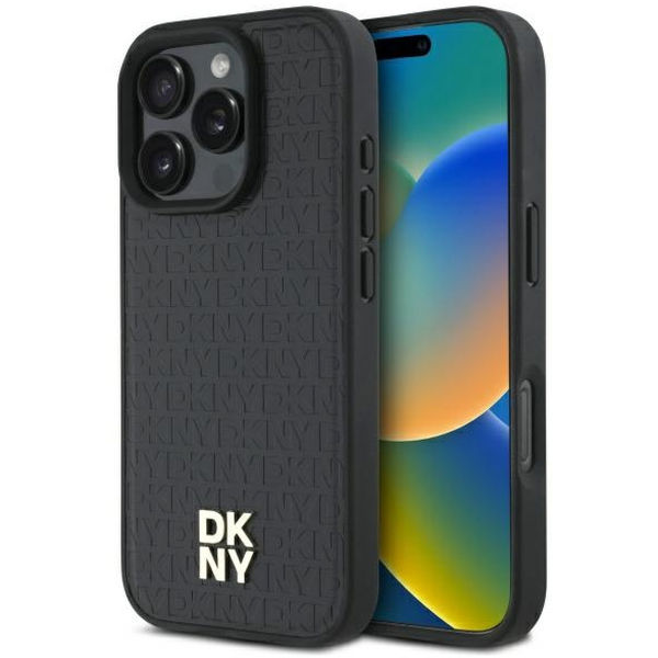 DKNY - Leather Hardcase Repeat Pattern Stack Logo MagSafe (DKHMP16XPSHRPSK) - iPhone 16 Pro Max - Black