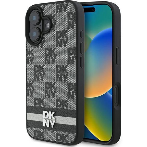 DKNY - Leather Hardcase Checkered Pattern & Printed Stripes (DKHCP16SPCPTSSK) - iPhone 16 - Black