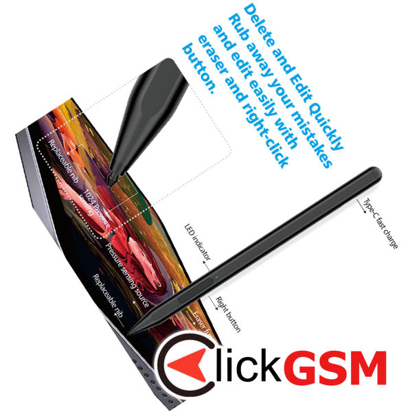 Techsuit - Stylus Pen (F97) - for Microsoft Surface, Active, Type-C, Palm Rejection, Side Adsorption, 90mAh, 5V, 0.2A - Black