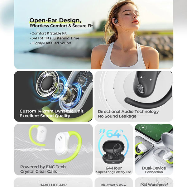 Havit - Wireless Earbuds (OWS915) - with Microphone, Bluetooth 5.4, TWS, ENC, IPX5, USB-C, 1000mAh, Havit Life App - White