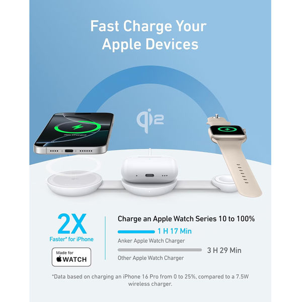 Anker - Wireless Charger MagGo 3-in-1 (B25M8H21) - for iPhone 15/16, AirPods, Apple Watch, MagSafe Qi2, 15W - White