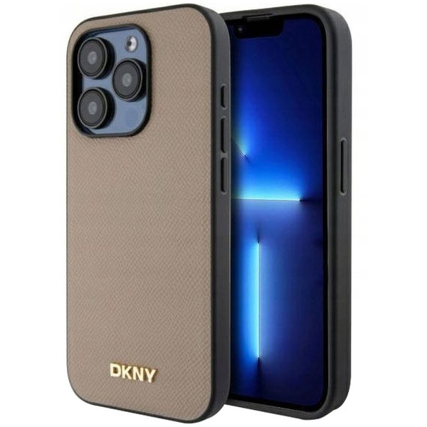 DKNY - Leather Hardcase Grained PU Metal Logo MagSafe (DKHMP15XPGHLME) - iPhone 15 Pro Max - Beige
