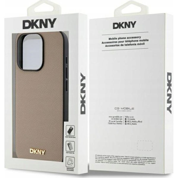 DKNY - Leather Hardcase Grained PU Metal Logo MagSafe (DKHMP15XPGHLME) - iPhone 15 Pro Max - Beige