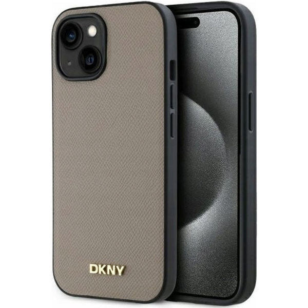 DKNY - Leather Hardcase Grained PU Metal Logo MagSafe (DKHMP15SPGHLME) - iPhone 15 - Beige