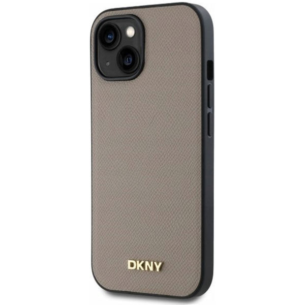 DKNY - Leather Hardcase Grained PU Metal Logo MagSafe (DKHMP15SPGHLME) - iPhone 15 - Beige