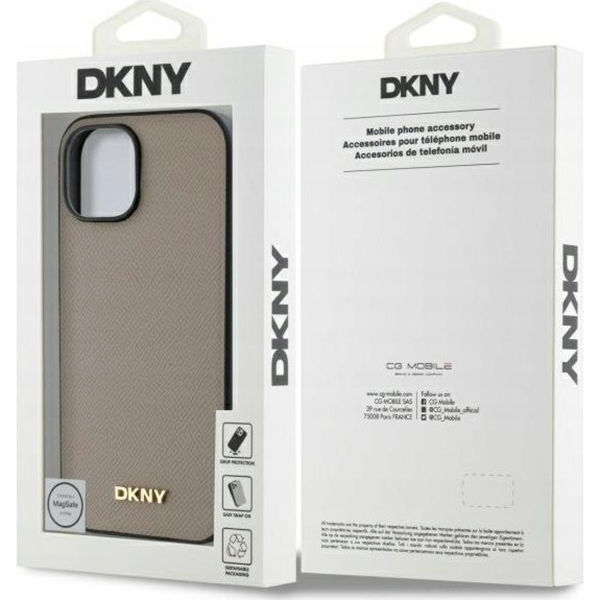 DKNY - Leather Hardcase Grained PU Metal Logo MagSafe (DKHMP15SPGHLME) - iPhone 15 - Beige
