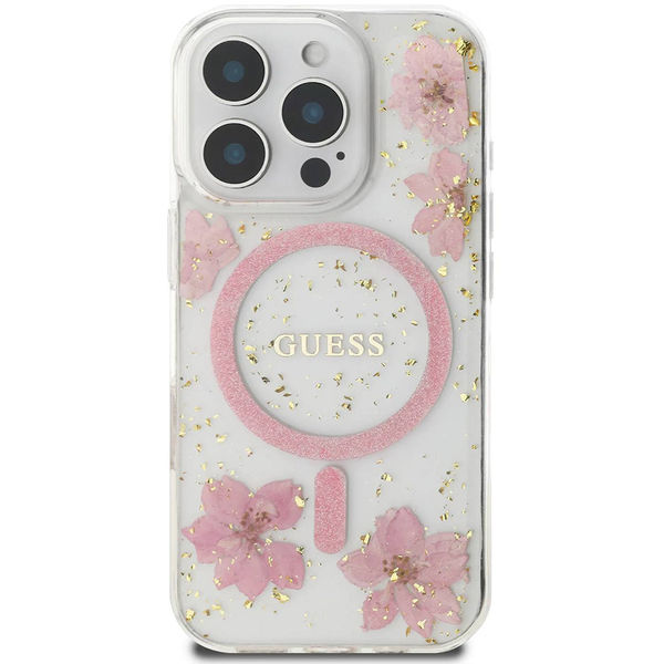 Guess - Hardcase Resin Flowers and Glitter MagSafe (GUHMP16SRBFGFGMP) - iPhone 16 - Pink