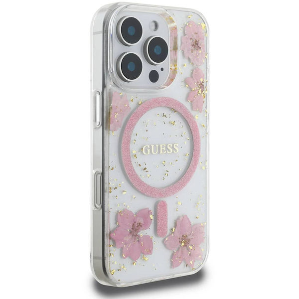 Guess - Hardcase Resin Flowers and Glitter MagSafe (GUHMP16SRBFGFGMP) - iPhone 16 - Pink
